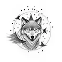A dotwork tattoo of a wolf howling at the moon with a small circle of stars around it, symbolizing loyalty and connection to the night sky tattoo design idea