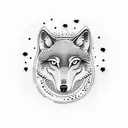 A dotwork tattoo of a wolf howling at the moon with a small circle of stars around it, symbolizing loyalty and connection to the night sky tattoo design idea