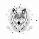 A dotwork tattoo of a wolf howling at the moon with a small circle of stars around it, symbolizing loyalty and connection to the night sky tattoo design idea