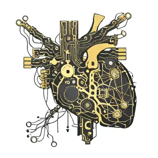 black and gold circuit board connected by wires to a realistic human heart blood tattoo design idea