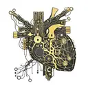 black and gold circuit board connected by wires to a realistic human heart blood tattoo design idea