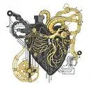 black and gold circuit board connected by wires to a realistic human heart blood tattoo design idea