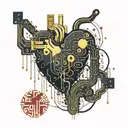 black and gold circuit board connected by wires to a realistic human heart blood tattoo design idea