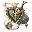 black and gold circuit board connected by wires to a realistic human heart blood tattoo design idea