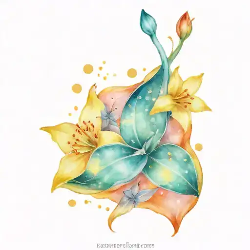 The name Nova with daffodils and aquamarine crystals and the pisces constellation  tattoo design idea