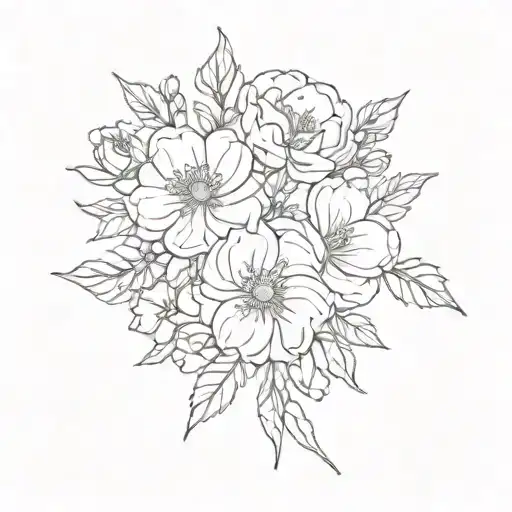 Minimal fine line January August and June birth flower bouquet tattoo design idea