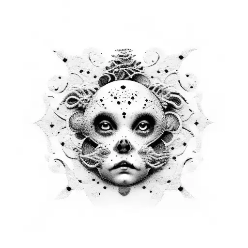 A dotwork tattoo showcasing a fusion of Goya's art and elements from Artes negras de Goya, creating a surreal and thought-provoking composition tattoo design idea