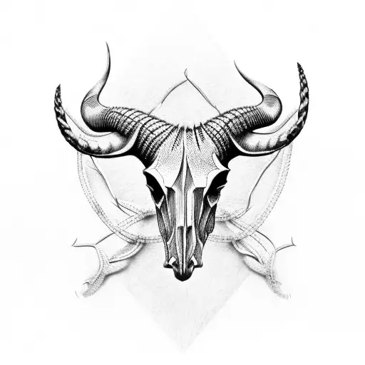 A dotwork design of a long horn skull intertwined with barbed wire fencing tattoo design idea