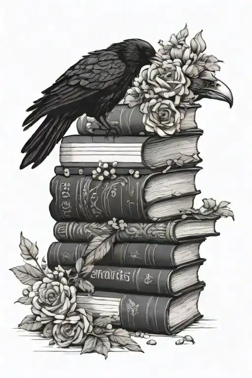 A stack of books, flowers, a raven, a flipped-up zippo lighter, a chess piece, and rain and a black camaro tattoo design idea