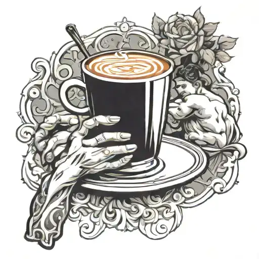 Michelangelo's creation of Adam with a cup of coffee tattoo design idea