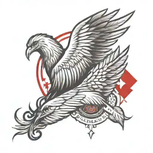 wings surrounding american red cross with feathers floating in breeze tattoo design idea