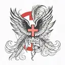 wings surrounding american red cross with feathers floating in breeze tattoo design idea