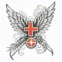 wings surrounding american red cross with feathers floating in breeze tattoo design idea