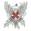 wings surrounding american red cross with feathers floating in breeze tattoo design idea
