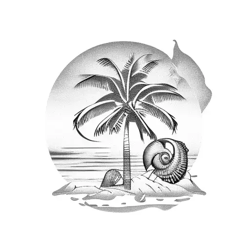 sunrise, sea shell, palm tree, buddah tattoo design idea