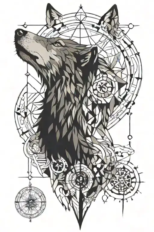 wolf  with compass  tattoo design idea