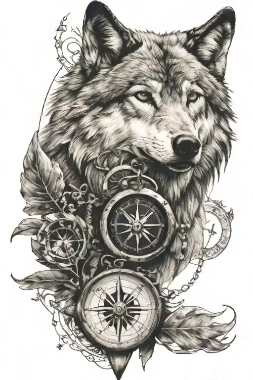 wolf  with compass  tattoo design idea
