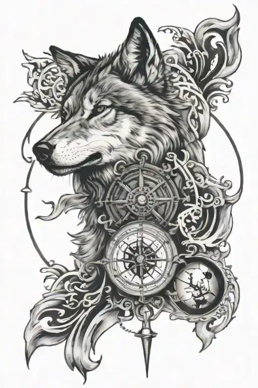 wolf  with compass  tattoo design idea
