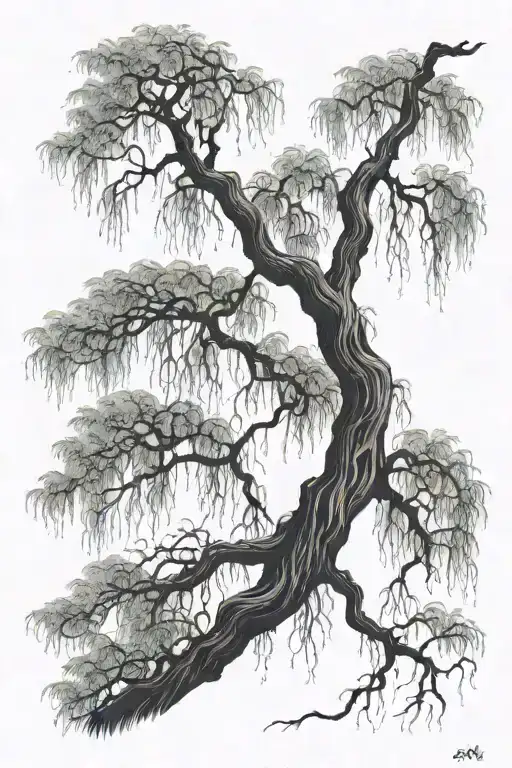weeping willow tree with a womem as the trunk silloute . night sky above them  tattoo design idea