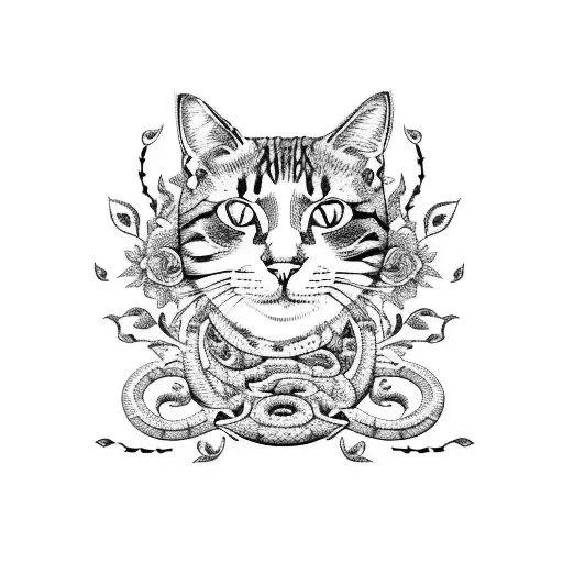 A cat with snake-like patterns on its fur, surrounded by a wreath of flowers and skulls tattoo design idea