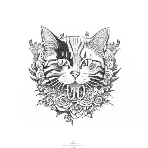 A cat with snake-like patterns on its fur, surrounded by a wreath of flowers and skulls tattoo design idea