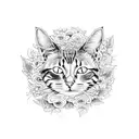 A cat with snake-like patterns on its fur, surrounded by a wreath of flowers and skulls tattoo design idea