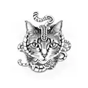 A cat with snake-like patterns on its fur, surrounded by a wreath of flowers and skulls tattoo design idea