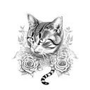 A cat with snake-like patterns on its fur, surrounded by a wreath of flowers and skulls tattoo design idea