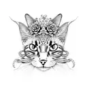A cat with snake-like patterns on its fur, surrounded by a wreath of flowers and skulls tattoo design idea