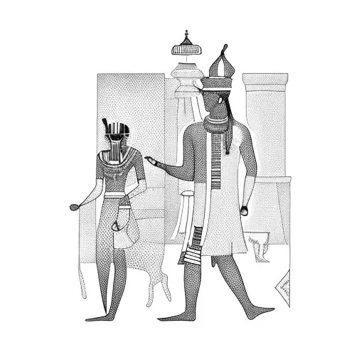A blackwork tattoo of an entrepreneur walking through an ancient Egyptian market, showcasing the fusion of business and history. tattoo design idea