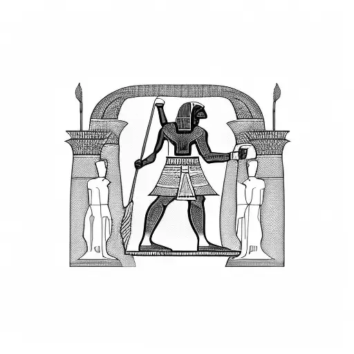 A blackwork tattoo of an entrepreneur walking through an ancient Egyptian market, showcasing the fusion of business and history. tattoo design idea