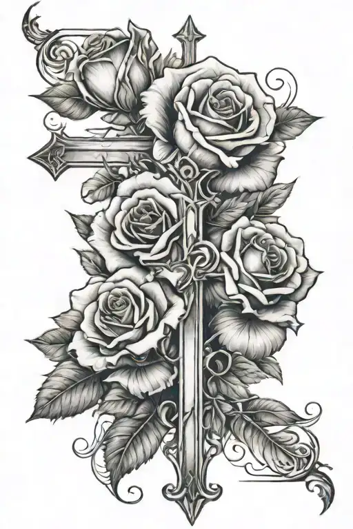 Black and White Roses with a Cross and the Numbers 1971 tattoo design idea