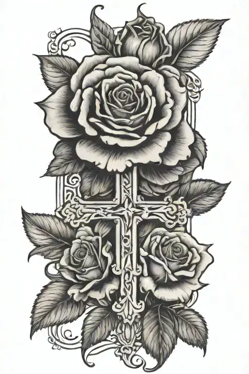 Black and White Roses with a Cross a Lion and the Date 1971 tattoo design idea