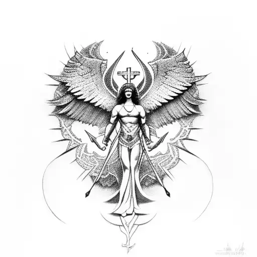 Tattoo of the archangel Michael with intricate dotwork detailing, symbolizing the power of love tattoo design idea