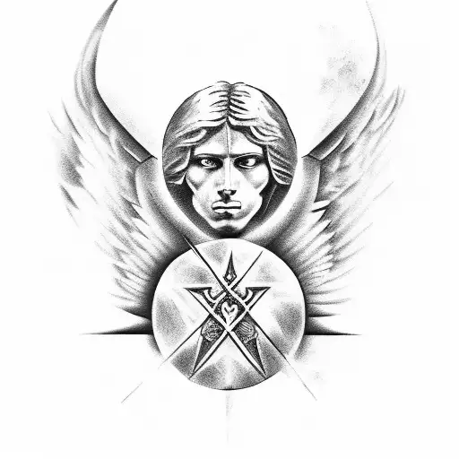 Tattoo of the archangel Michael in a black-grey style, showcasing his strength and power tattoo design idea