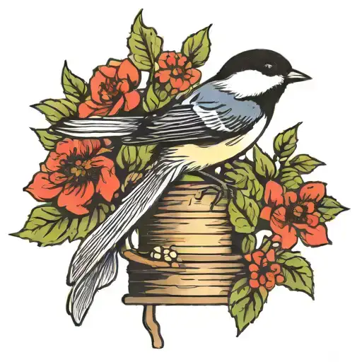 chickadee perched atop a stack tattoo design idea