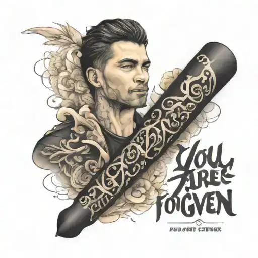 all black calligram forearm sleeve that is made up of the words"you are forgiven" 490 times tattoo design idea