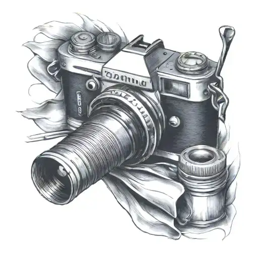 camera, paint brush, microphone sleeve  tattoo design idea