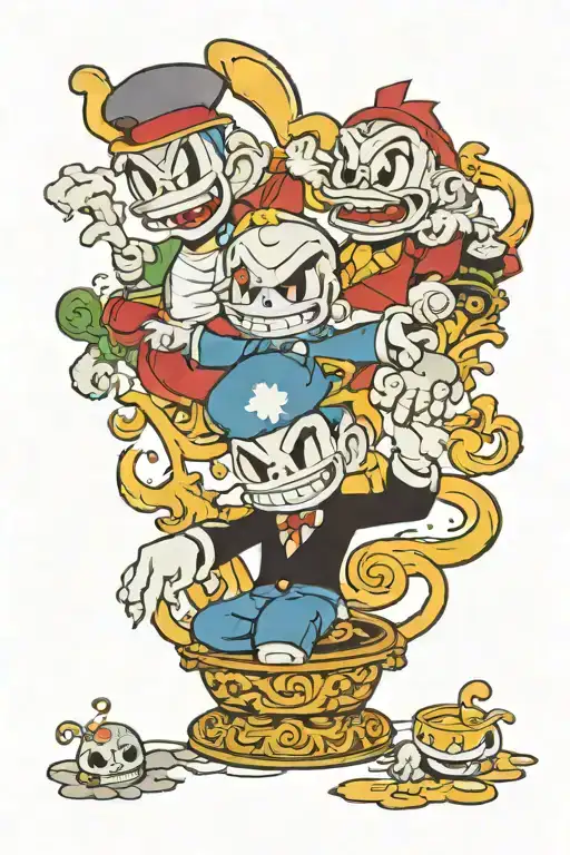 all bosses from cuphead and in the middle cup head and his brother  tattoo design idea