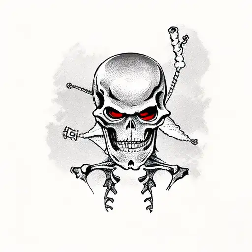 A skeleton with a backpack, holding a map in its hand and wearing a hood, sideview, a long list hanging at backpack tattoo design idea