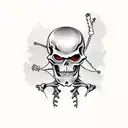 A skeleton with a backpack, holding a map in its hand and wearing a hood, sideview, a long list hanging at backpack tattoo design idea