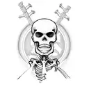 A skeleton with a backpack, holding a map in its hand and wearing a hood, sideview, a long list hanging at backpack tattoo design idea