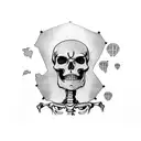 A skeleton with a backpack, holding a map in its hand and wearing a hood, sideview, a long list hanging at backpack tattoo design idea