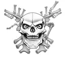 A skeleton with a backpack, holding a map in its hand and wearing a hood, sideview, a long list hanging at backpack tattoo design idea