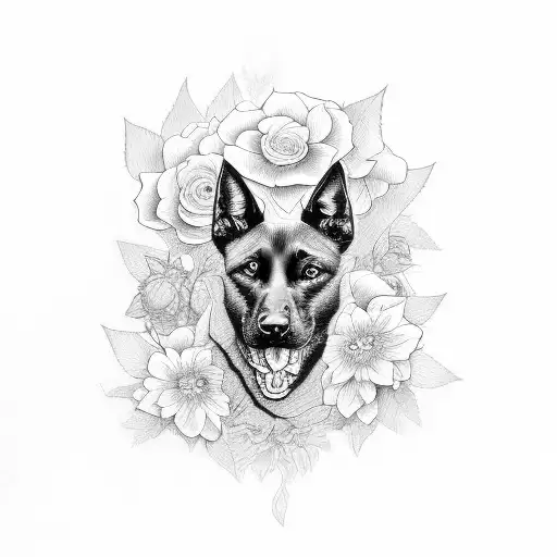 black Malinois whit flowers tattoo design idea