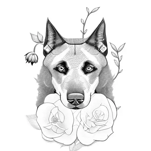 black malinois  and flowers tattoo design idea