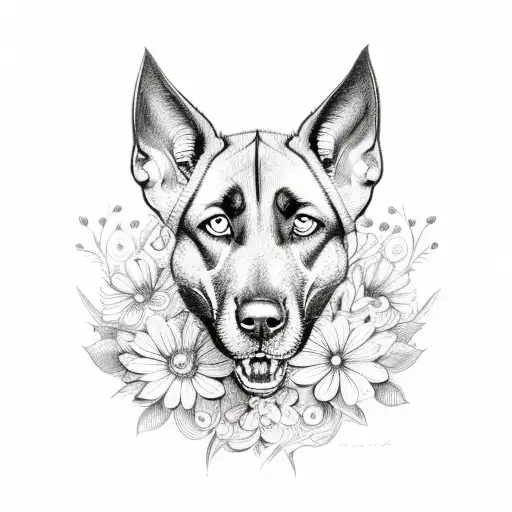 Malinois whit flowers tattoo design idea