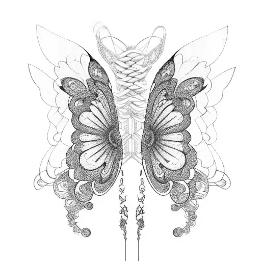A mesmerizing blackwork design of a woman with butterfly wings spreading across her back tattoo design idea
