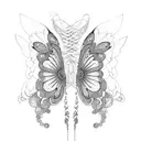A mesmerizing blackwork design of a woman with butterfly wings spreading across her back tattoo design idea