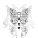 A mesmerizing blackwork design of a woman with butterfly wings spreading across her back tattoo design idea